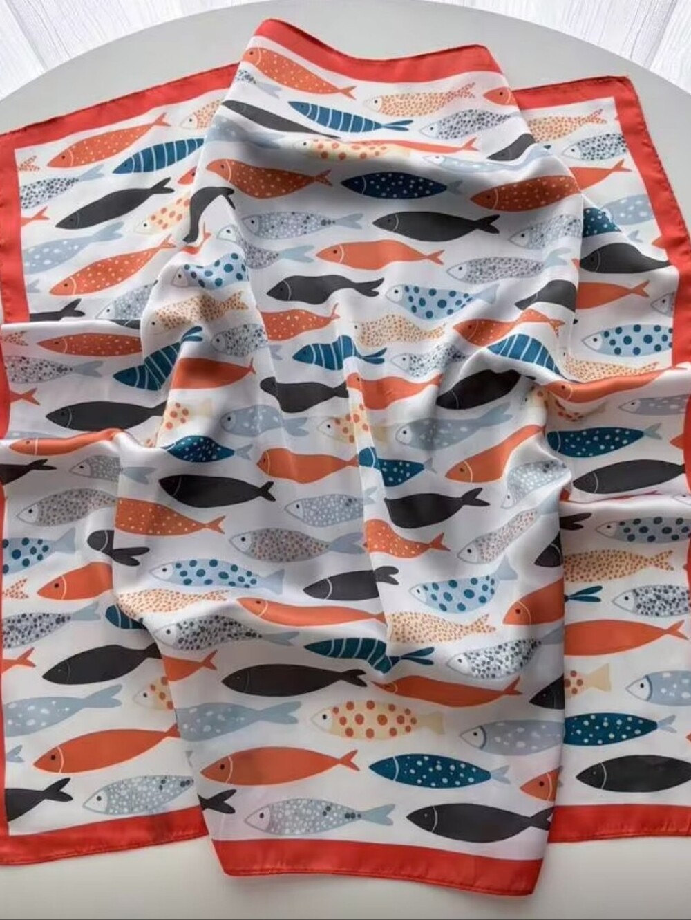 Silk-feel Orange Fish Print Silk Scarf - Playful Ocean Motif 70*70cm
